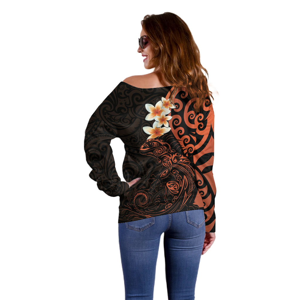 New Zealand Tuatara Plumeria Off Shoulder Sweater Maori Orange Koru Tribal Tattoo LT01 - Polynesian Pride