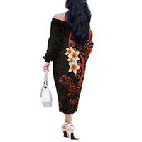New Zealand Tuatara Plumeria Off The Shoulder Long Sleeve Dress Maori Orange Koru Tribal Tattoo LT01 - Polynesian Pride
