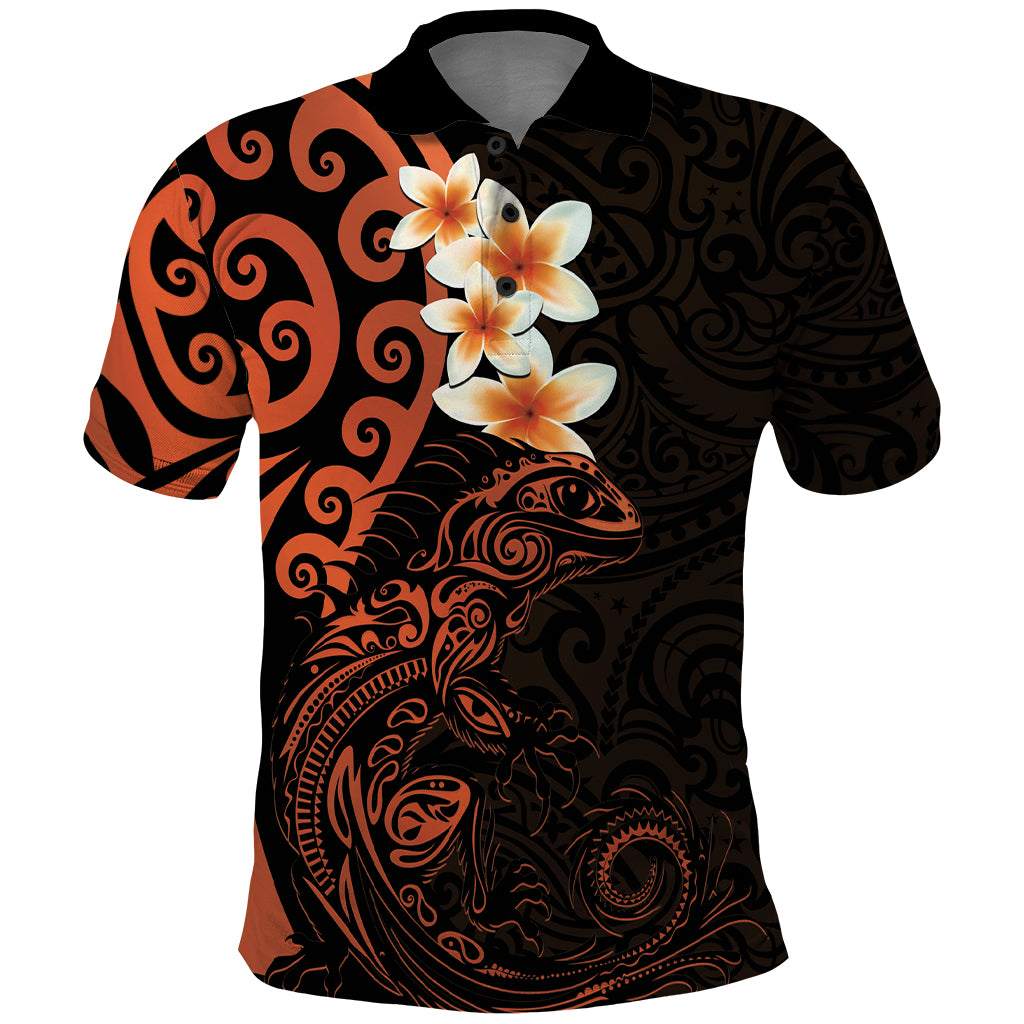 New Zealand Tuatara Plumeria Polo Shirt Maori Orange Koru Tribal Tattoo LT01 Orange - Polynesian Pride