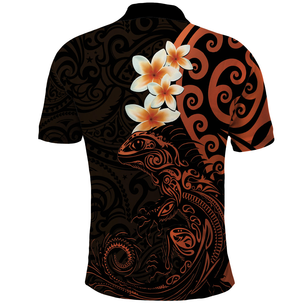 New Zealand Tuatara Plumeria Polo Shirt Maori Orange Koru Tribal Tattoo LT01 - Polynesian Pride