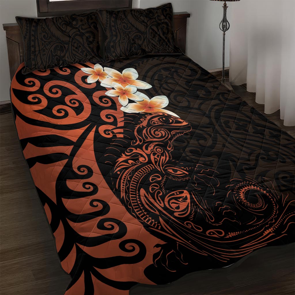 New Zealand Tuatara Plumeria Quilt Bed Set Maori Orange Koru Tribal Tattoo LT01 Orange - Polynesian Pride