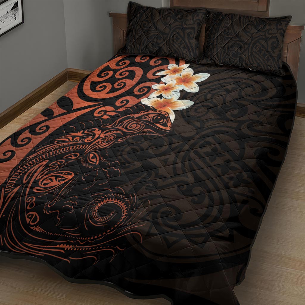 New Zealand Tuatara Plumeria Quilt Bed Set Maori Orange Koru Tribal Tattoo LT01 - Polynesian Pride