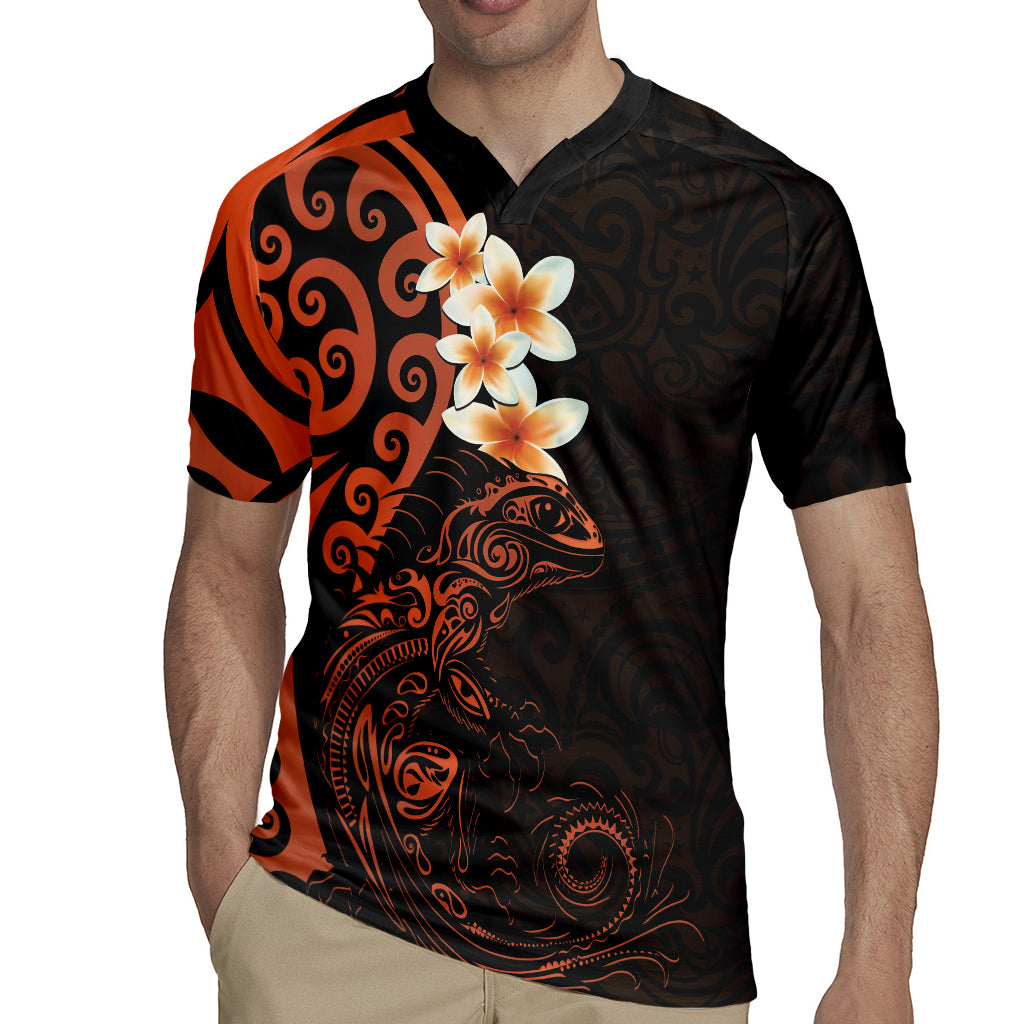 New Zealand Tuatara Plumeria Rugby Jersey Maori Orange Koru Tribal Tattoo LT01 - Polynesian Pride