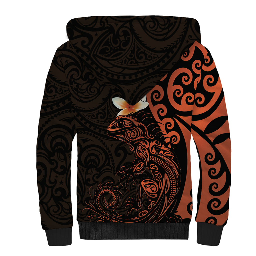 New Zealand Tuatara Plumeria Sherpa Hoodie Maori Orange Koru Tribal Tattoo LT01 - Polynesian Pride