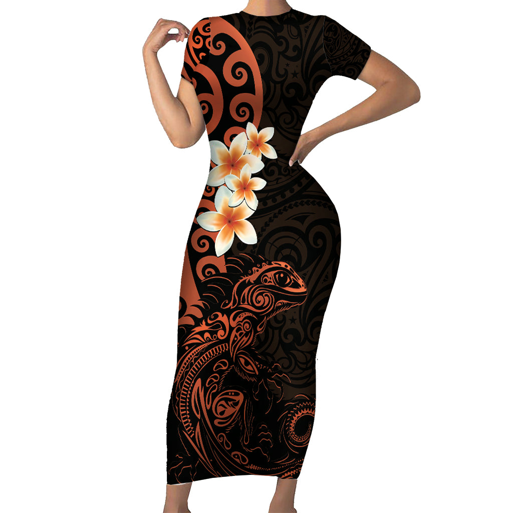New Zealand Tuatara Plumeria Short Sleeve Bodycon Dress Maori Orange Koru Tribal Tattoo LT01 Long Dress Orange - Polynesian Pride