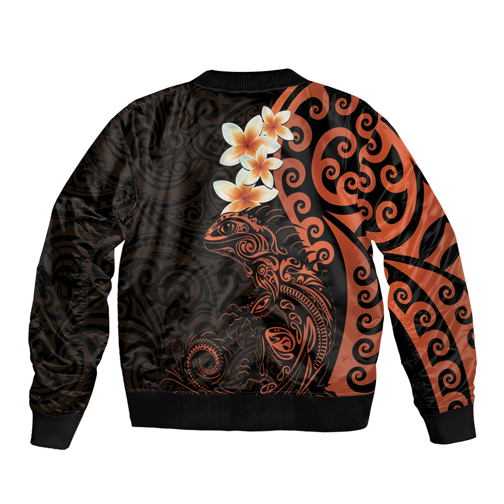 New Zealand Tuatara Plumeria Sleeve Zip Bomber Jacket Maori Orange Koru Tribal Tattoo LT01 - Polynesian Pride