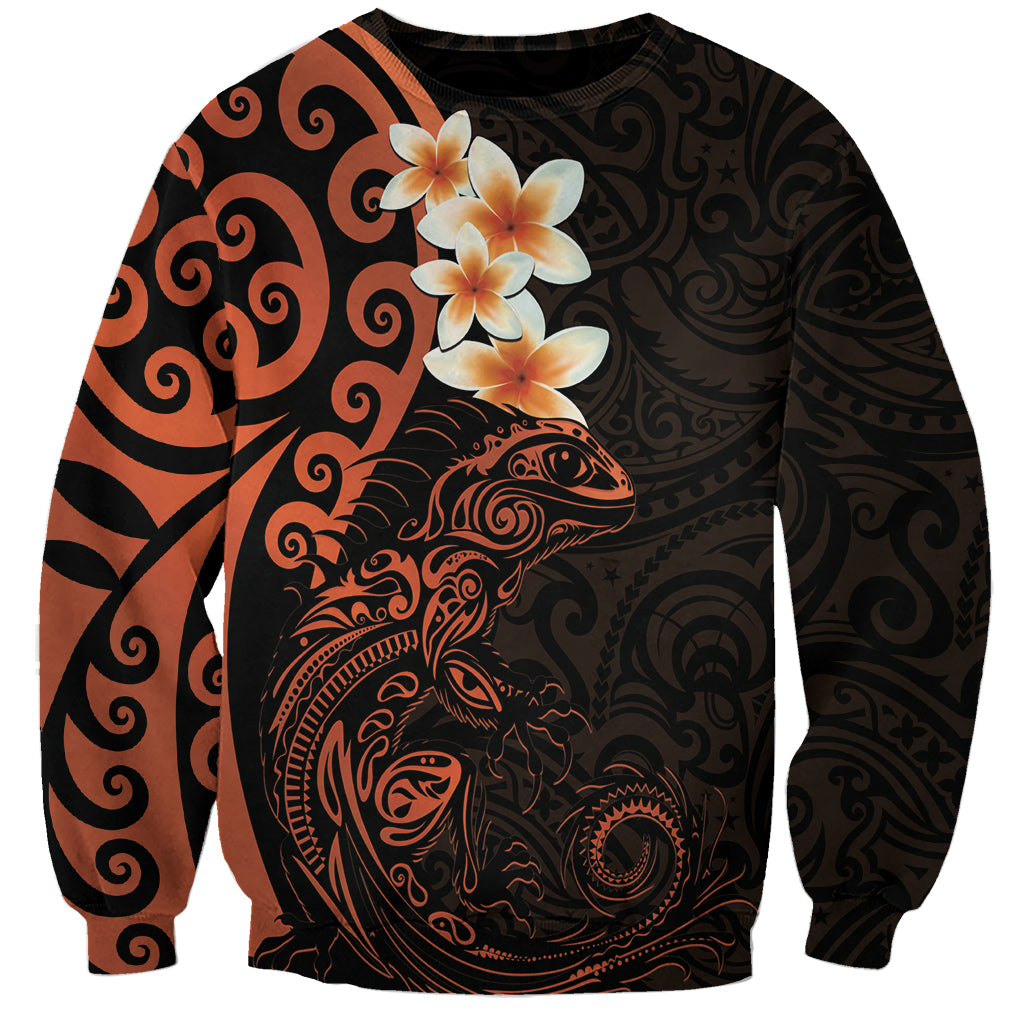 New Zealand Tuatara Plumeria Sweatshirt Maori Orange Koru Tribal Tattoo LT01 Unisex Orange - Polynesian Pride