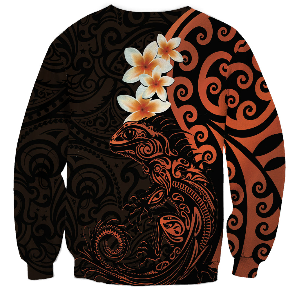 New Zealand Tuatara Plumeria Sweatshirt Maori Orange Koru Tribal Tattoo LT01 - Polynesian Pride