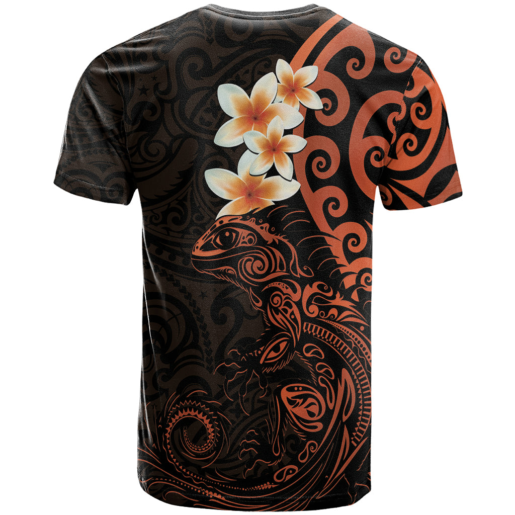 New Zealand Tuatara Plumeria T Shirt Maori Orange Koru Tribal Tattoo LT01 - Polynesian Pride
