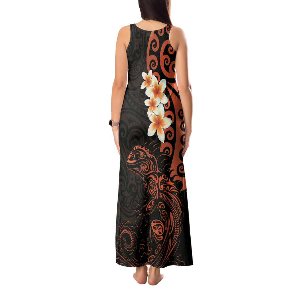 New Zealand Tuatara Plumeria Tank Maxi Dress Maori Orange Koru Tribal Tattoo LT01 - Polynesian Pride
