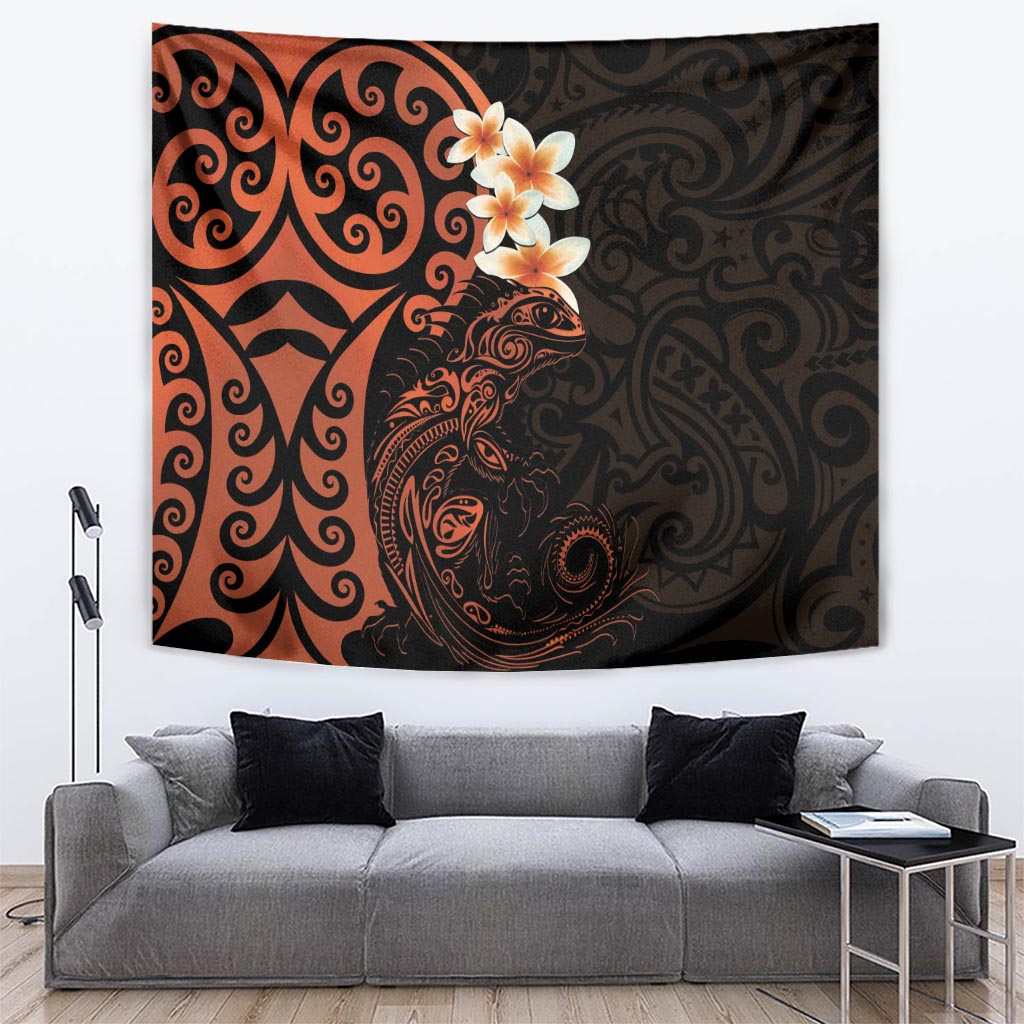 New Zealand Tuatara Plumeria Tapestry Maori Orange Koru Tribal Tattoo LT01 Orange - Polynesian Pride