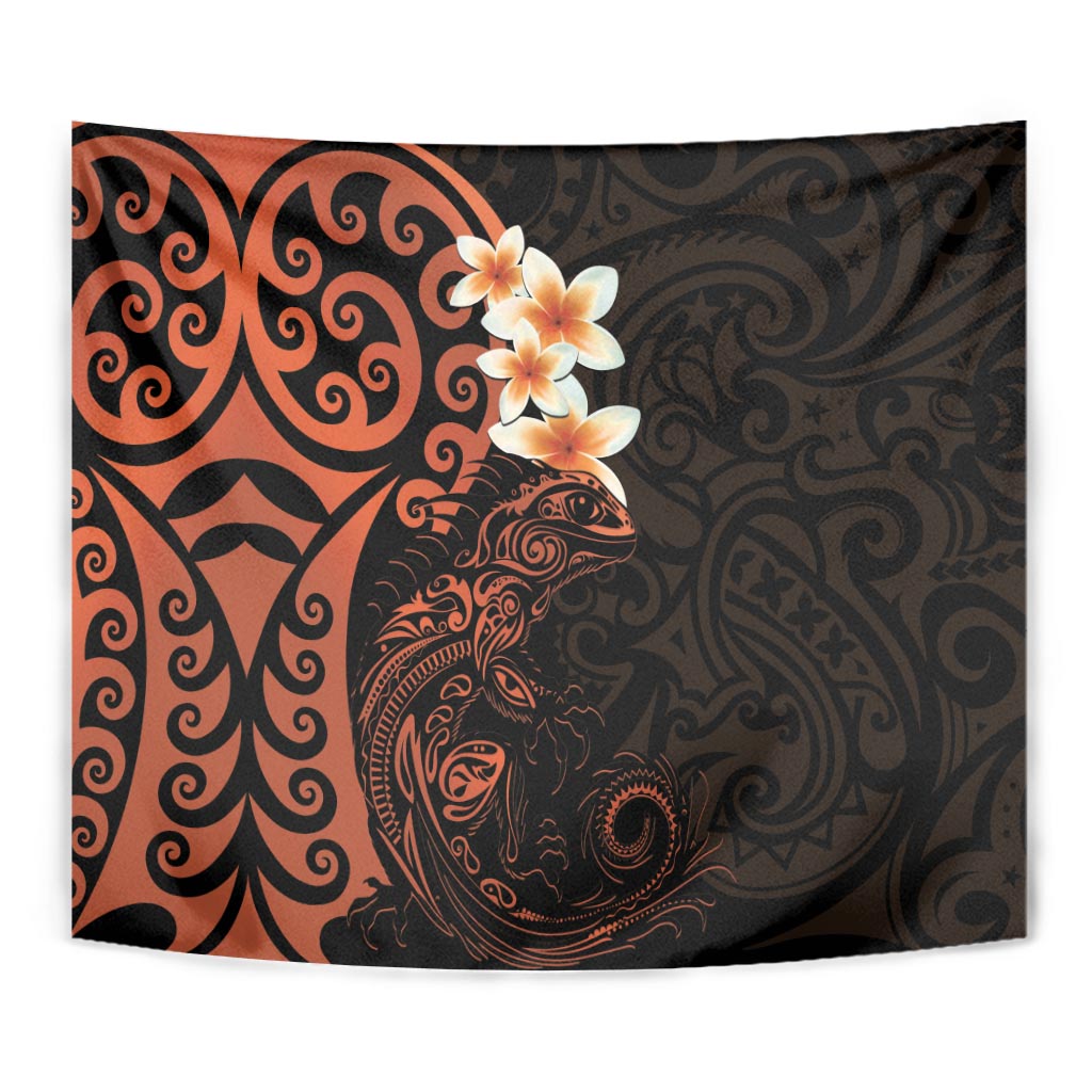 New Zealand Tuatara Plumeria Tapestry Maori Orange Koru Tribal Tattoo LT01 - Polynesian Pride