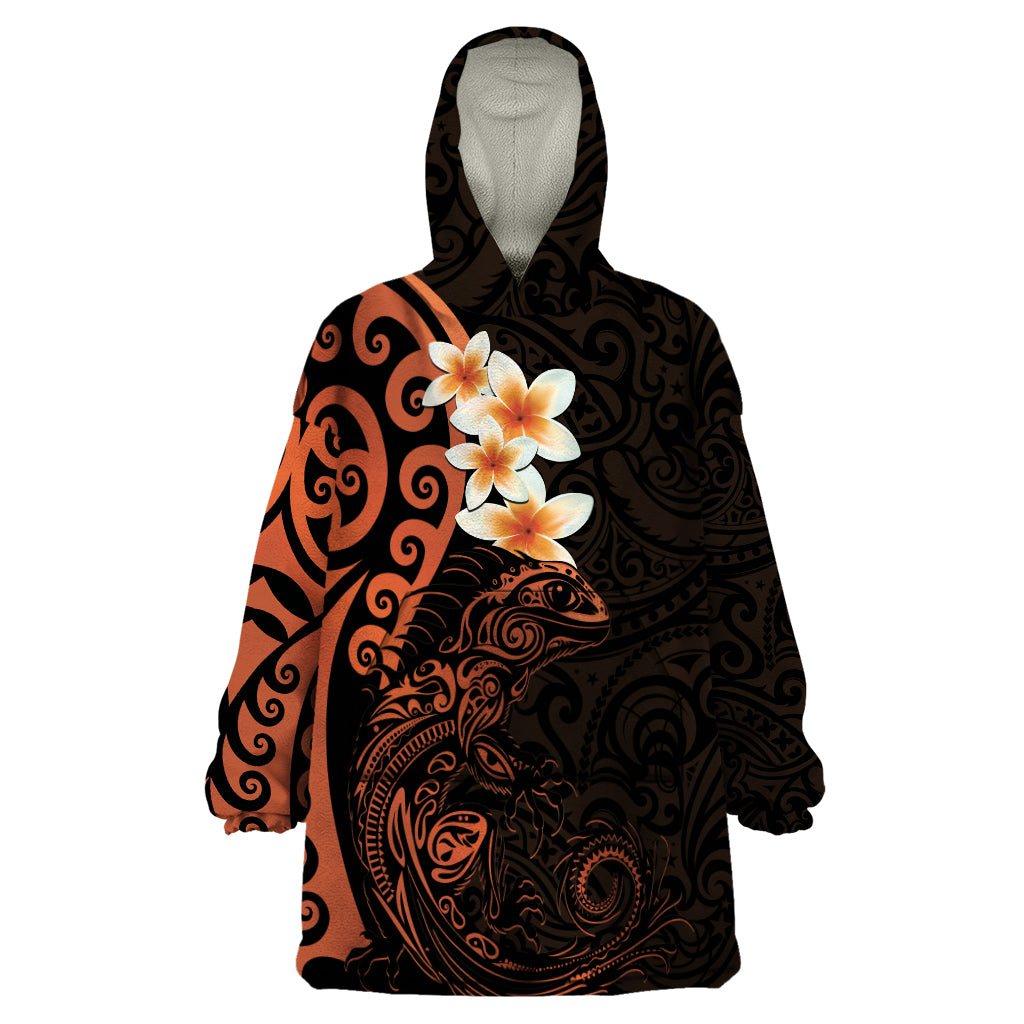 New Zealand Tuatara Plumeria Wearable Blanket Hoodie Maori Orange Koru Tribal Tattoo LT01 One Size Orange - Polynesian Pride