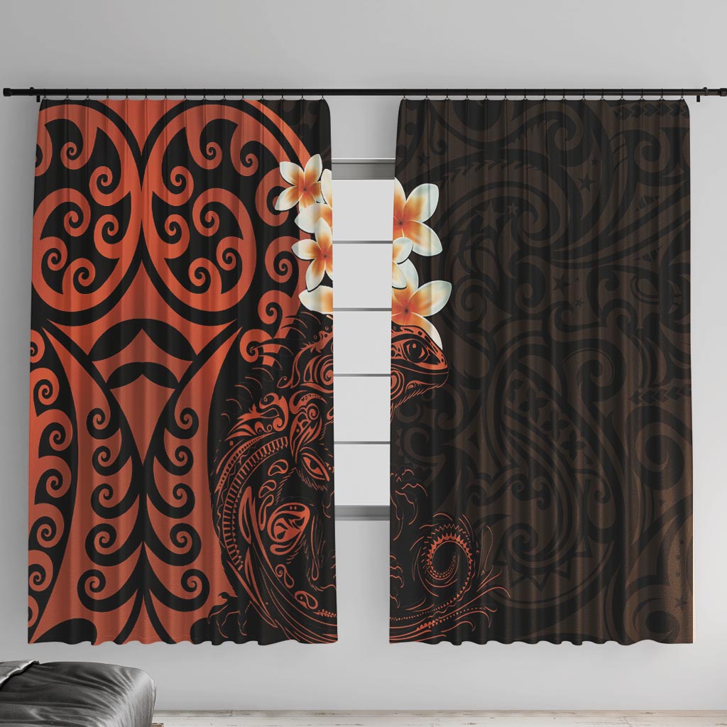 New Zealand Tuatara Plumeria Window Curtain Maori Orange Koru Tribal Tattoo LT01 With Hooks Orange - Polynesian Pride