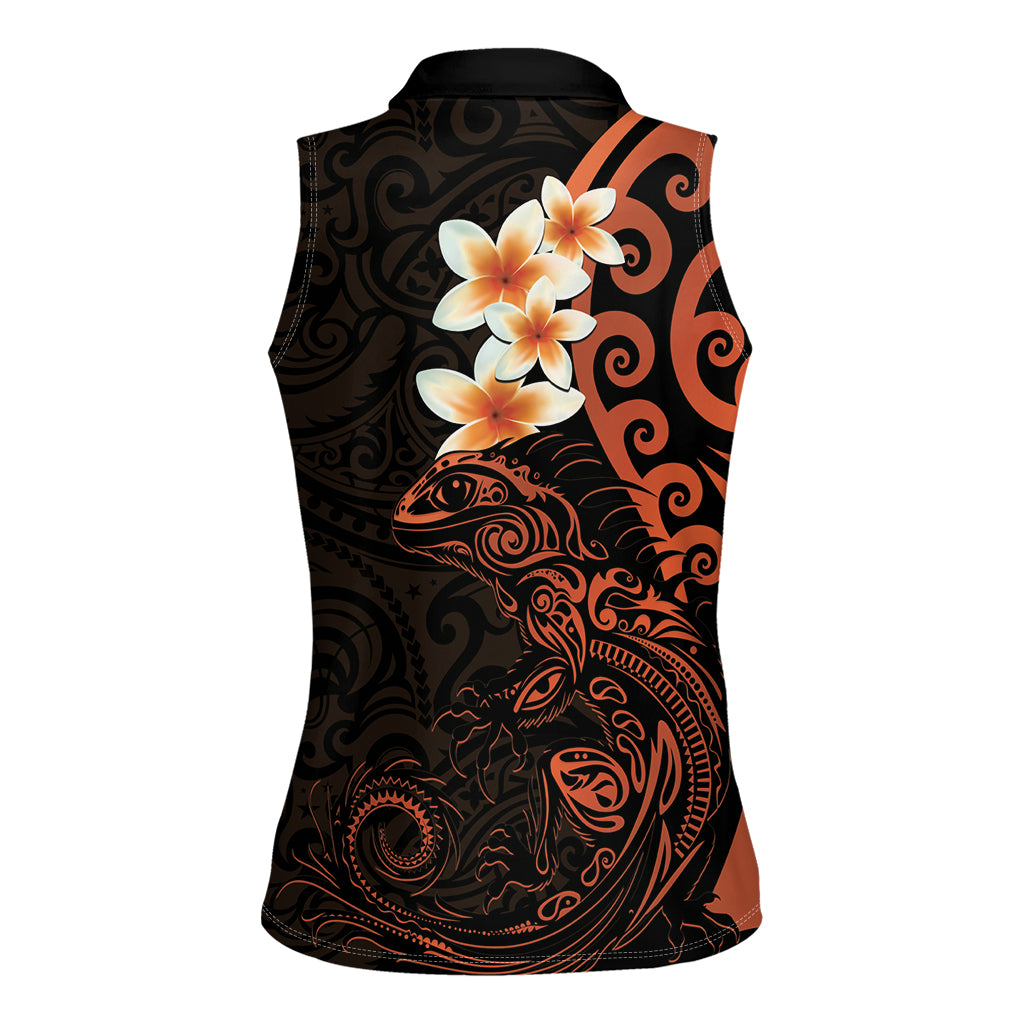 New Zealand Tuatara Plumeria Women Sleeveless Polo Shirt Maori Orange Koru Tribal Tattoo LT01 - Polynesian Pride