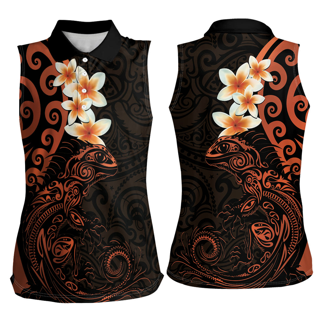 New Zealand Tuatara Plumeria Women Sleeveless Polo Shirt Maori Orange Koru Tribal Tattoo LT01 - Polynesian Pride
