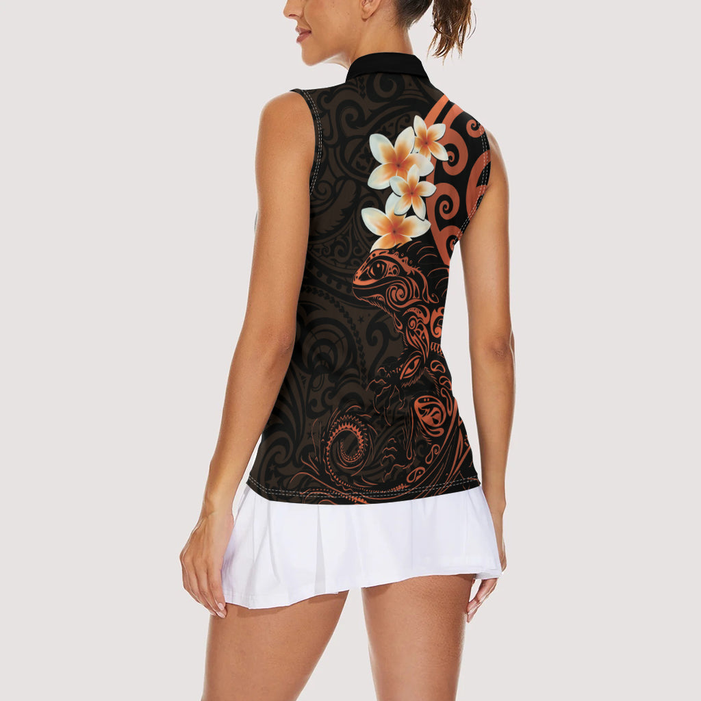 New Zealand Tuatara Plumeria Women Sleeveless Polo Shirt Maori Orange Koru Tribal Tattoo LT01 - Polynesian Pride