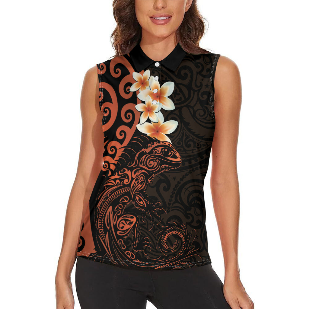 New Zealand Tuatara Plumeria Women Sleeveless Polo Shirt Maori Orange Koru Tribal Tattoo LT01 - Polynesian Pride