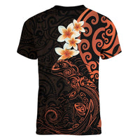 New Zealand Tuatara Plumeria Women V-Neck T-Shirt Maori Orange Koru Tribal Tattoo LT01 - Polynesian Pride