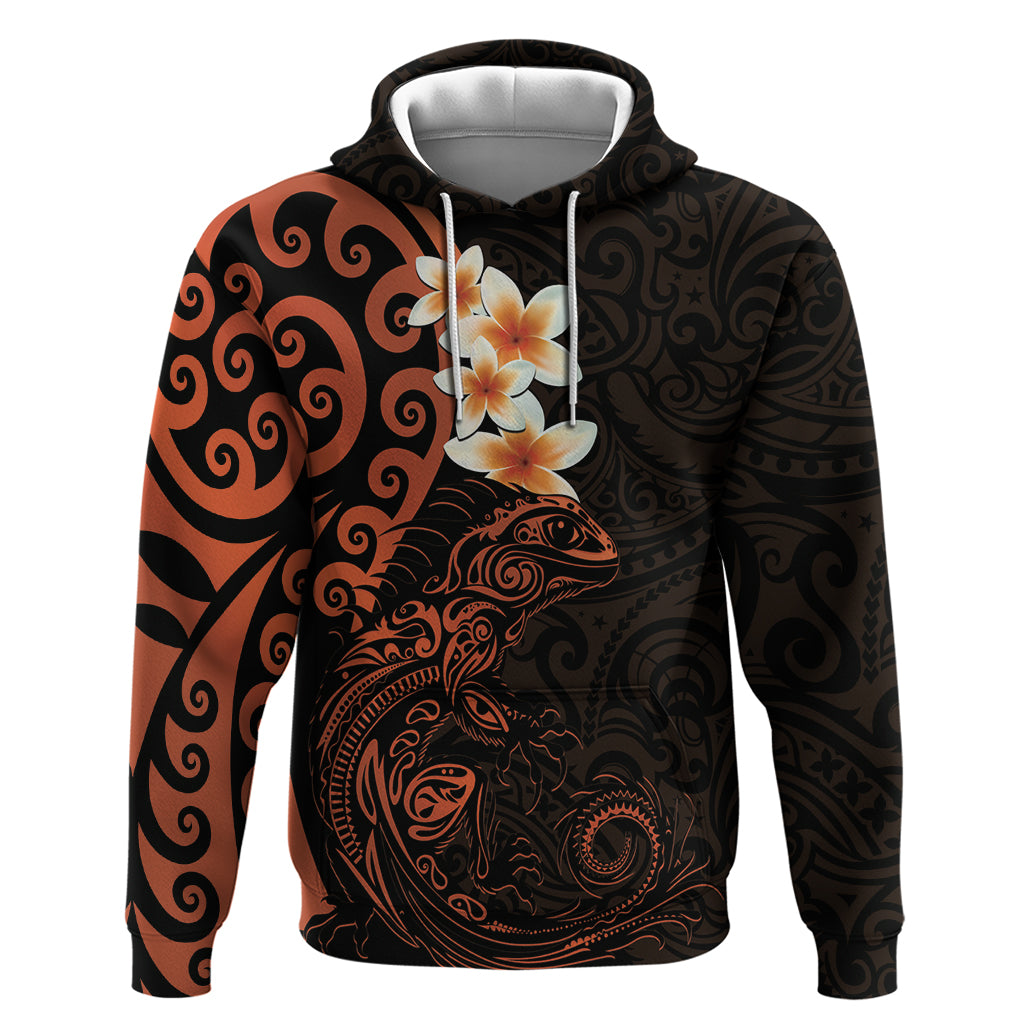 New Zealand Tuatara Plumeria Zip Hoodie Maori Orange Koru Tribal Tattoo LT01 Pullover Hoodie Orange - Polynesian Pride