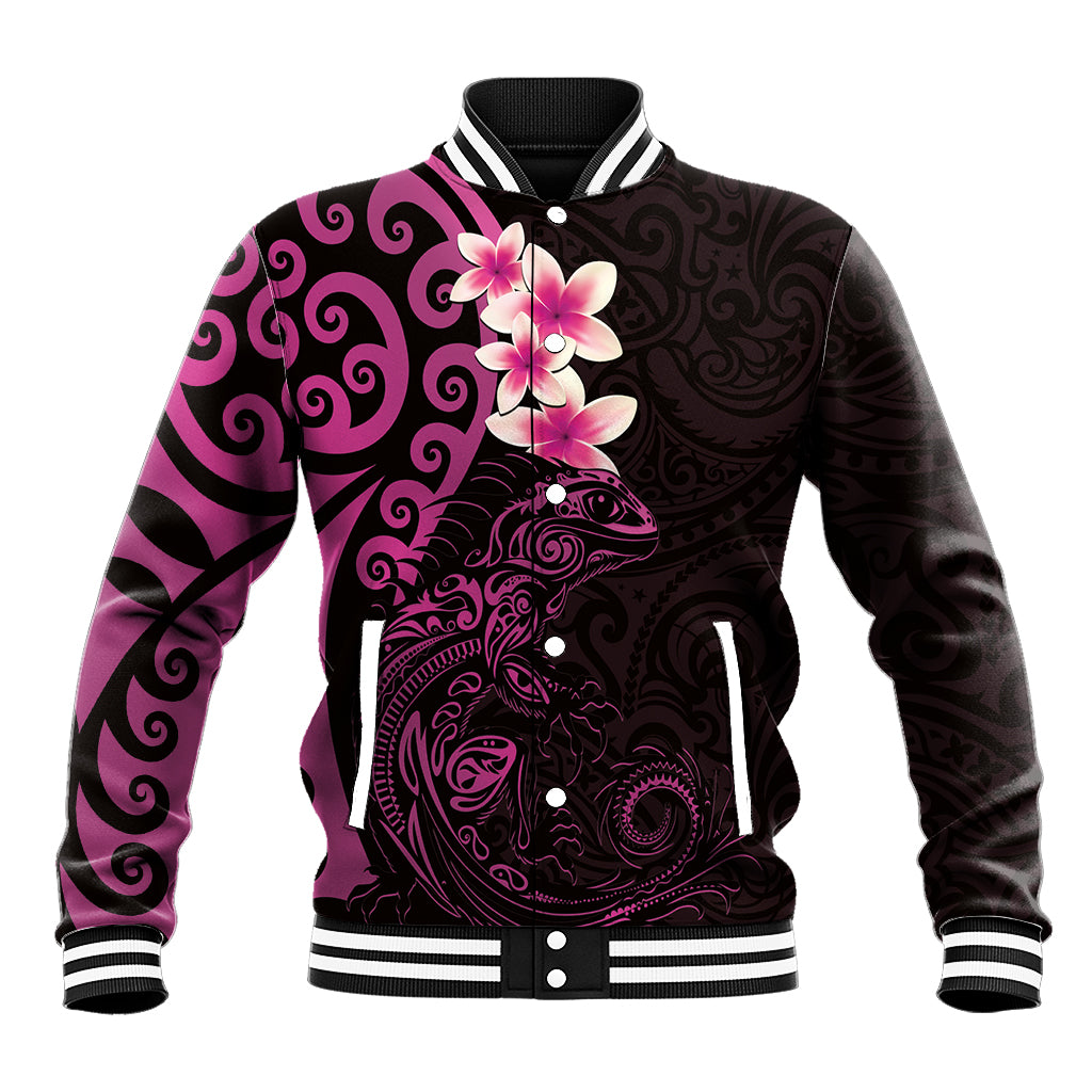 New Zealand Tuatara Plumeria Baseball Jacket Maori Pink Koru Tribal Tattoo LT01 Unisex Pink - Polynesian Pride