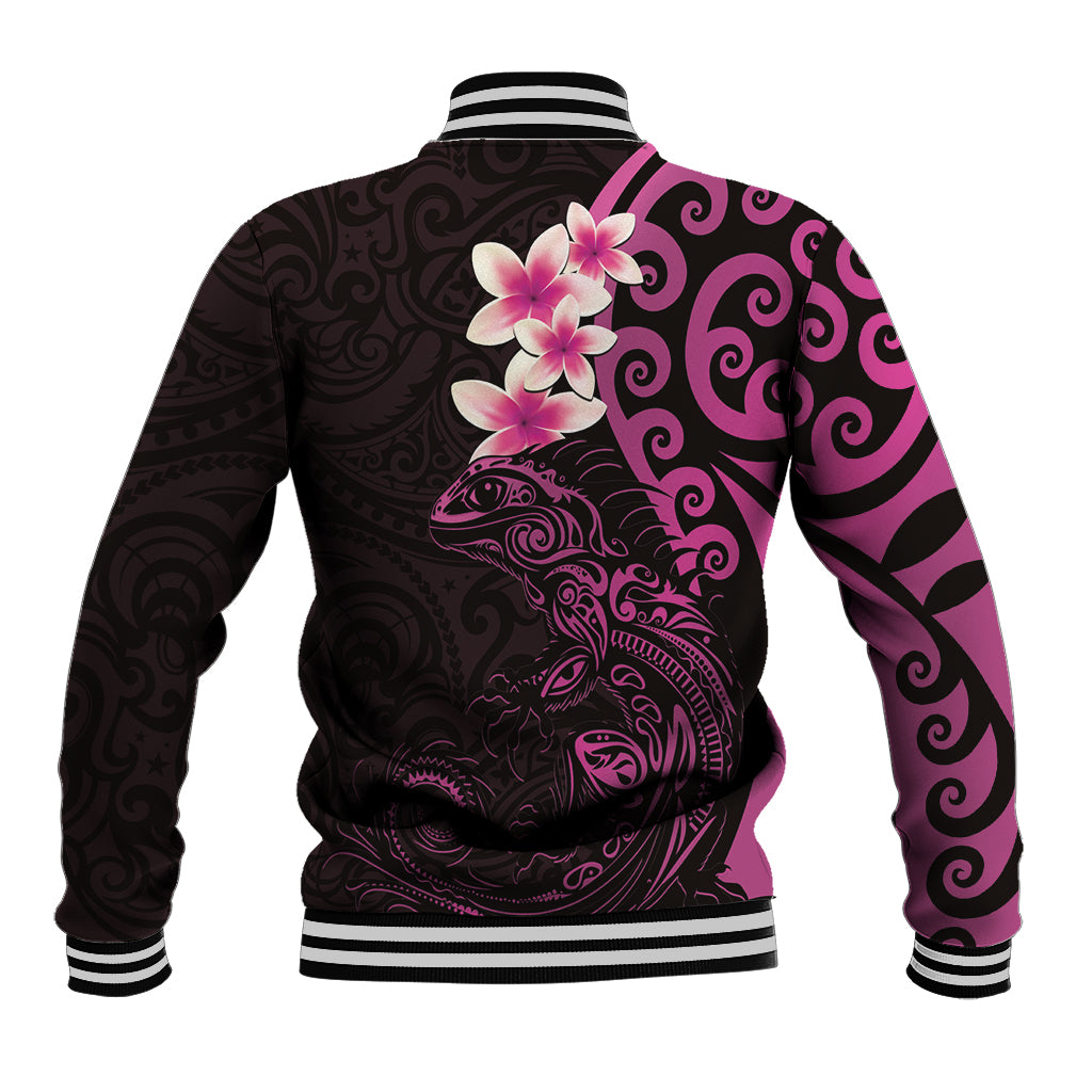 New Zealand Tuatara Plumeria Baseball Jacket Maori Pink Koru Tribal Tattoo LT01 - Polynesian Pride