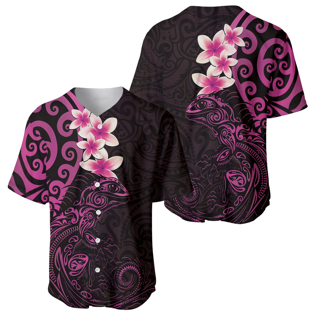 New Zealand Tuatara Plumeria Baseball Jersey Maori Pink Koru Tribal Tattoo LT01 - Polynesian Pride