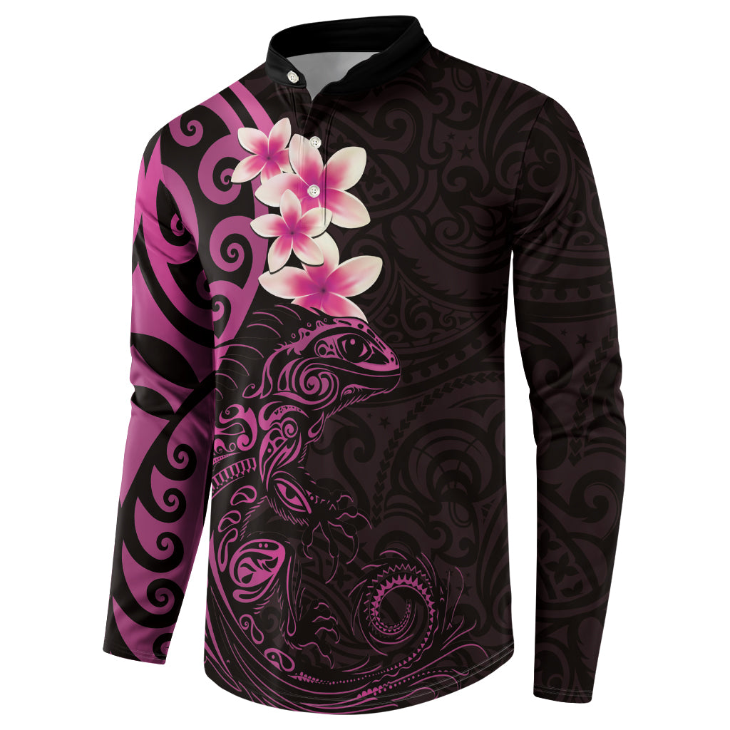 New Zealand Tuatara Plumeria Button Sweatshirt Maori Pink Koru Tribal Tattoo LT01 - Polynesian Pride