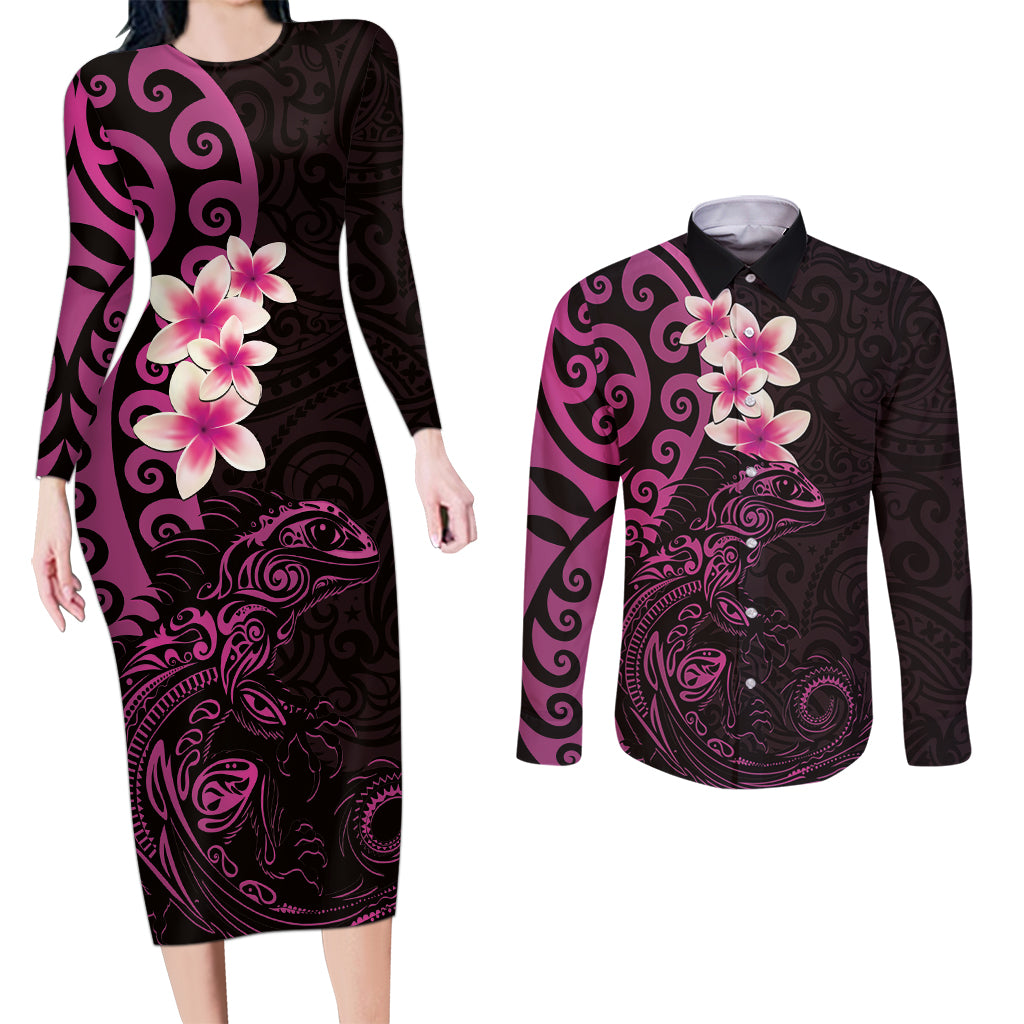 New Zealand Tuatara Plumeria Couples Matching Long Sleeve Bodycon Dress and Long Sleeve Button Shirt Maori Pink Koru Tribal Tattoo LT01 Pink - Polynesian Pride