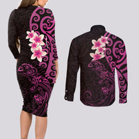 New Zealand Tuatara Plumeria Couples Matching Long Sleeve Bodycon Dress and Long Sleeve Button Shirt Maori Pink Koru Tribal Tattoo LT01 - Polynesian Pride