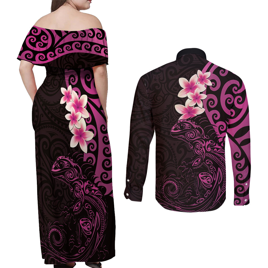 New Zealand Tuatara Plumeria Couples Matching Off Shoulder Maxi Dress and Long Sleeve Button Shirt Maori Pink Koru Tribal Tattoo LT01 - Polynesian Pride