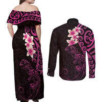 New Zealand Tuatara Plumeria Couples Matching Off Shoulder Maxi Dress and Long Sleeve Button Shirt Maori Pink Koru Tribal Tattoo LT01 - Polynesian Pride