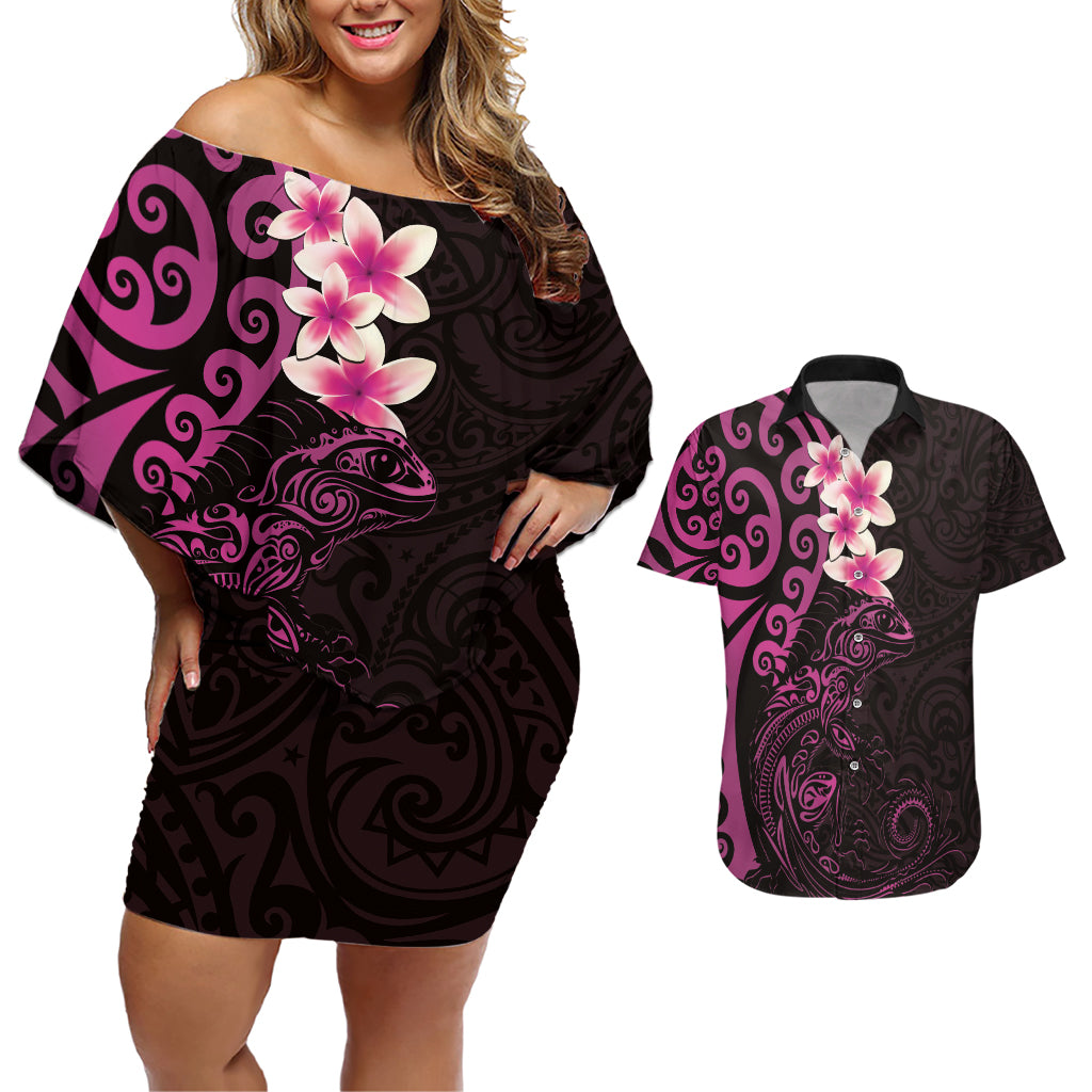 New Zealand Tuatara Plumeria Couples Matching Off Shoulder Short Dress and Hawaiian Shirt Maori Pink Koru Tribal Tattoo LT01 Pink - Polynesian Pride