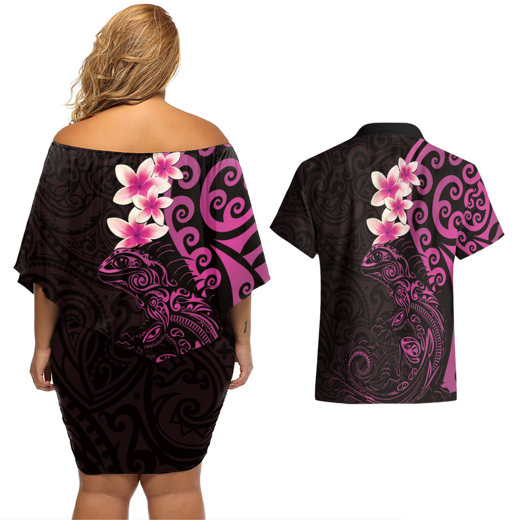 New Zealand Tuatara Plumeria Couples Matching Off Shoulder Short Dress and Hawaiian Shirt Maori Pink Koru Tribal Tattoo LT01 - Polynesian Pride