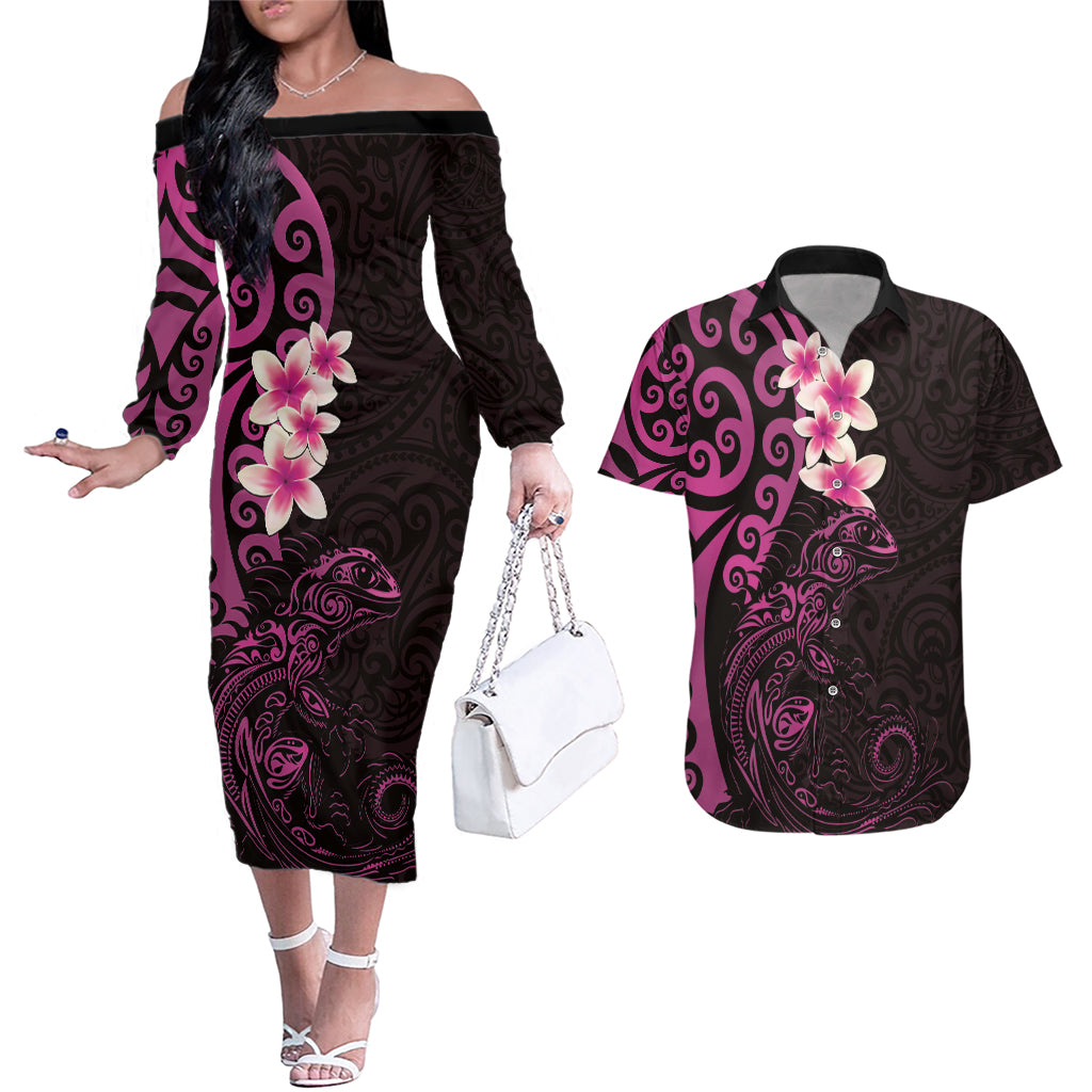 New Zealand Tuatara Plumeria Couples Matching Off The Shoulder Long Sleeve Dress and Hawaiian Shirt Maori Pink Koru Tribal Tattoo LT01 Pink - Polynesian Pride