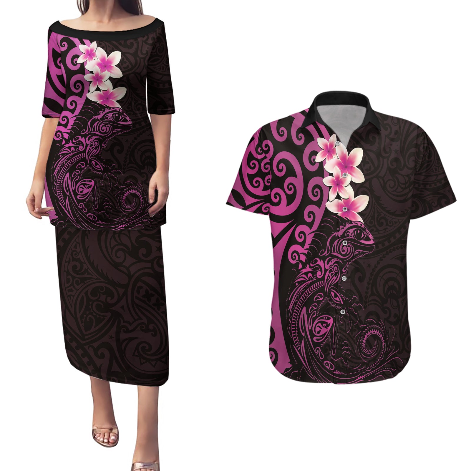 New Zealand Tuatara Plumeria Couples Matching Puletasi and Hawaiian Shirt Maori Pink Koru Tribal Tattoo