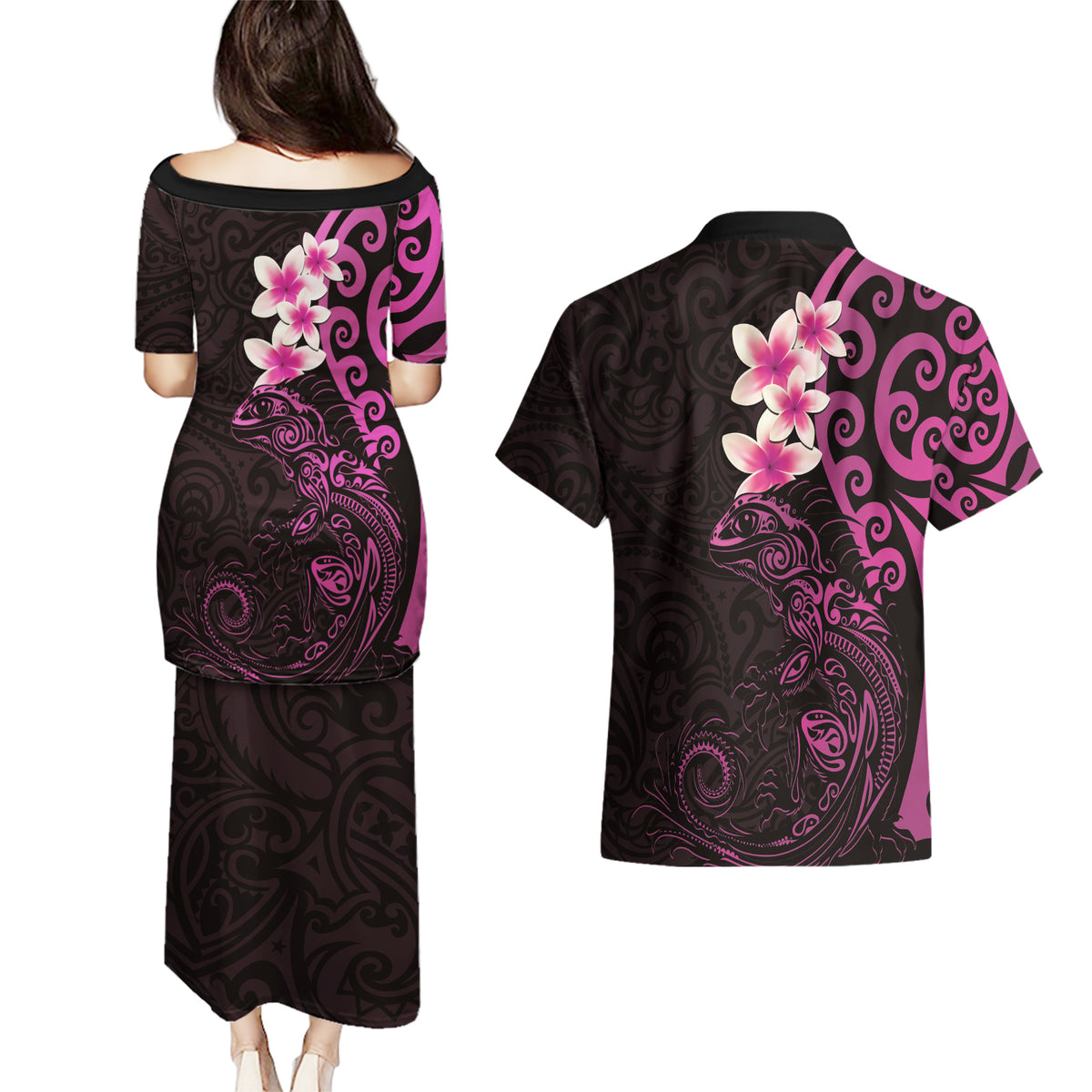 New Zealand Tuatara Plumeria Couples Matching Puletasi and Hawaiian Shirt Maori Pink Koru Tribal Tattoo LT01 - Polynesian Pride