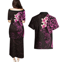 New Zealand Tuatara Plumeria Couples Matching Puletasi and Hawaiian Shirt Maori Pink Koru Tribal Tattoo LT01 - Polynesian Pride