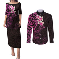 New Zealand Tuatara Plumeria Couples Matching Puletasi and Long Sleeve Button Shirt Maori Pink Koru Tribal Tattoo LT01 Pink - Polynesian Pride