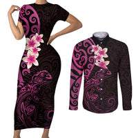 New Zealand Tuatara Plumeria Couples Matching Short Sleeve Bodycon Dress and Long Sleeve Button Shirt Maori Pink Koru Tribal Tattoo LT01 Pink - Polynesian Pride