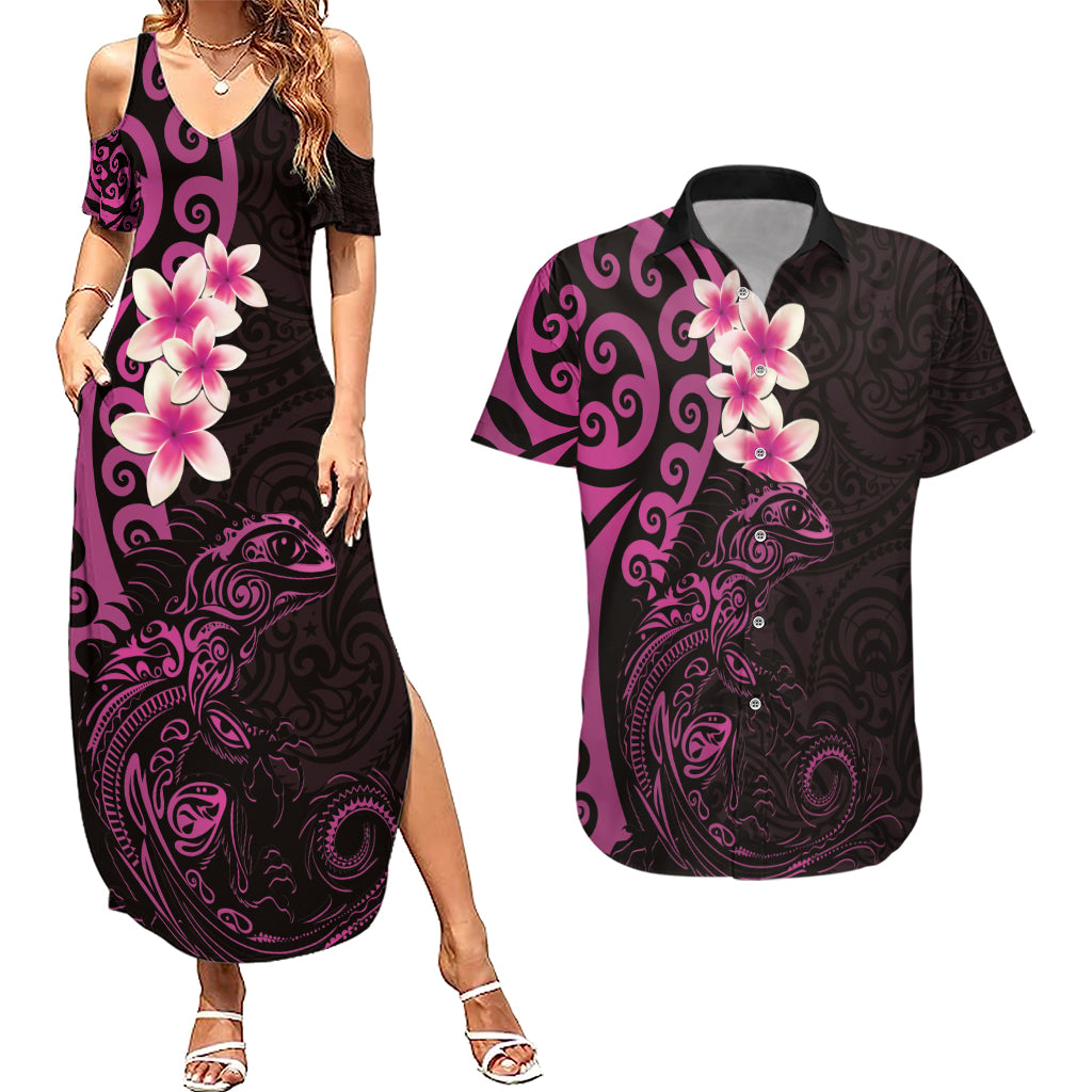 New Zealand Tuatara Plumeria Couples Matching Summer Maxi Dress and Hawaiian Shirt Maori Pink Koru Tribal Tattoo LT01 Pink - Polynesian Pride