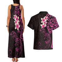 New Zealand Tuatara Plumeria Couples Matching Tank Maxi Dress and Hawaiian Shirt Maori Pink Koru Tribal Tattoo LT01 - Polynesian Pride