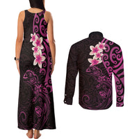 New Zealand Tuatara Plumeria Couples Matching Tank Maxi Dress and Long Sleeve Button Shirt Maori Pink Koru Tribal Tattoo LT01 - Polynesian Pride