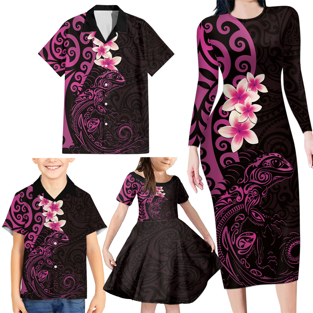New Zealand Tuatara Plumeria Family Matching Long Sleeve Bodycon Dress and Hawaiian Shirt Maori Pink Koru Tribal Tattoo LT01 - Polynesian Pride