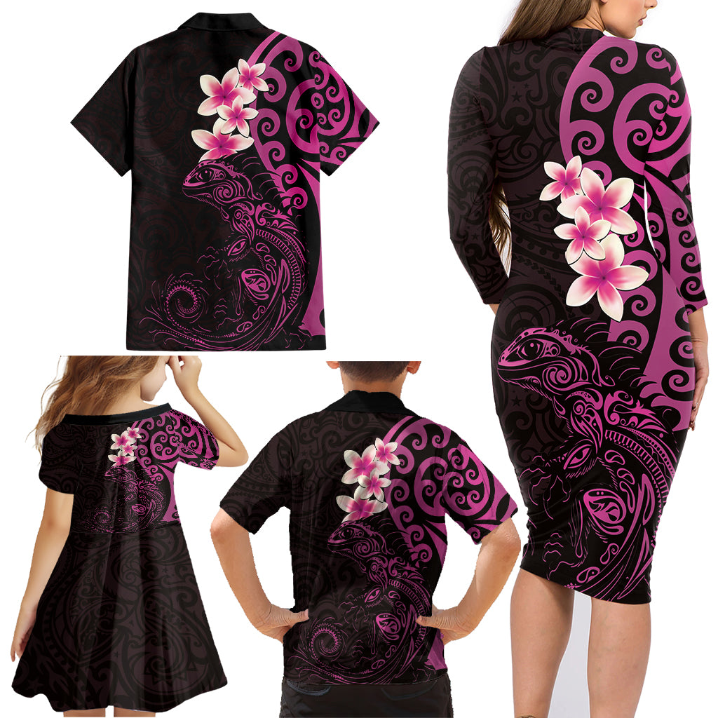 New Zealand Tuatara Plumeria Family Matching Long Sleeve Bodycon Dress and Hawaiian Shirt Maori Pink Koru Tribal Tattoo LT01 - Polynesian Pride
