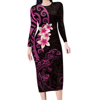 New Zealand Tuatara Plumeria Family Matching Long Sleeve Bodycon Dress and Hawaiian Shirt Maori Pink Koru Tribal Tattoo LT01 Mom's Dress Pink - Polynesian Pride