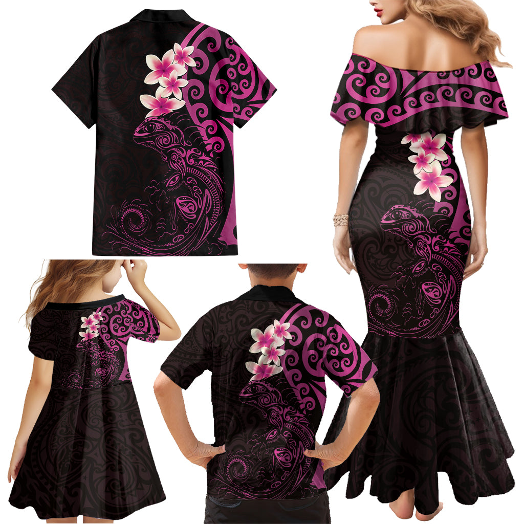 New Zealand Tuatara Plumeria Family Matching Mermaid Dress and Hawaiian Shirt Maori Pink Koru Tribal Tattoo LT01 - Polynesian Pride