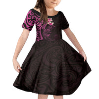 New Zealand Tuatara Plumeria Family Matching Off The Shoulder Long Sleeve Dress and Hawaiian Shirt Maori Pink Koru Tribal Tattoo LT01 Daughter's Dress Pink - Polynesian Pride