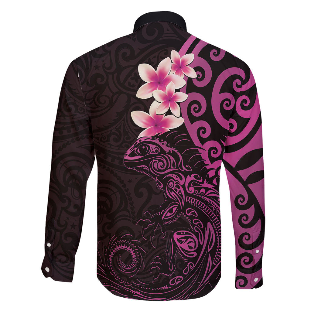 New Zealand Tuatara Plumeria Family Matching Off Shoulder Maxi Dress and Hawaiian Shirt Maori Pink Koru Tribal Tattoo LT01 - Polynesian Pride