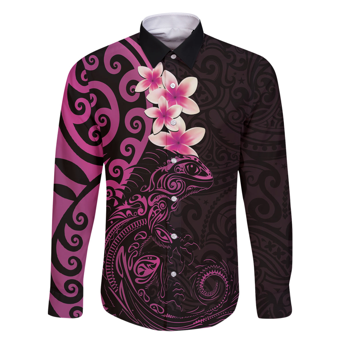New Zealand Tuatara Plumeria Family Matching Puletasi and Hawaiian Shirt Maori Pink Koru Tribal Tattoo LT01 Dad's Shirt - Long Sleeve Pink - Polynesian Pride